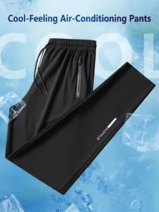 Men's quick-dry black ice silk sports pants with elastic waist and side zipper pockets
