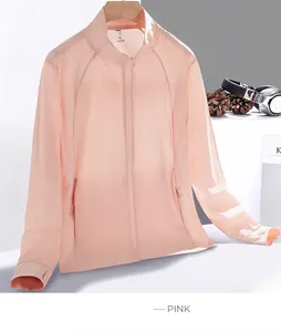 Detail of pink lightweight sun protection jacket with zipper pocket and stand collar