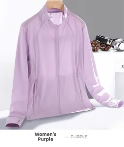 Close-up of purple UV sun protection jacket with thumbhole cuffs and standing collar