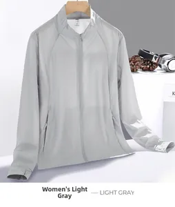 Detail of silver gray sun protection jacket showing breathable mesh underarm ventilation
