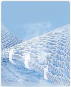 Close-up of blue breathable mesh fabric with airflow diagram showing high ventilation