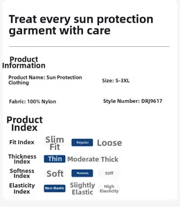 Size chart and specifications for lightweight 100% nylon outdoor sun protection jacket