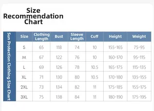 Size chart for outdoor waterproof sun protection jacket with measurements from S to 3XL