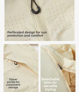Detail view of breathable laser-cut face mask and zipper pocket on sun jacket