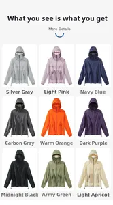 Detailed color matrix of lightweight hooded sun protection jackets in nine shades