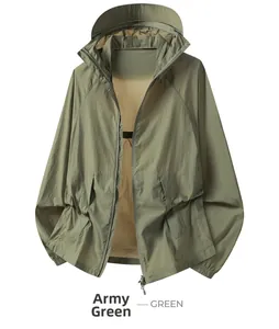 Macro detail of Army Green UV protection jacket with adjustable drawstring hood