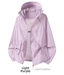 Detail view of light purple breathable sun protection jacket with hood and pockets