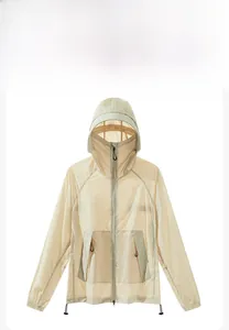 Detailed flat lay of sun protection jacket with hood, face mask and drawstrings