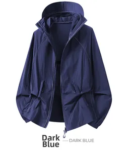 Detail of a dark blue lightweight breathable UV protection jacket with adjustable hood