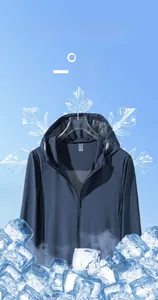 Detailed close-up of dark blue sun protection hoodie with UPF 50+ printed on the sleeve cuff