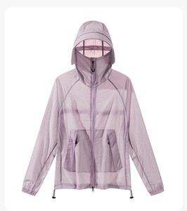 Detail of lightweight breathable sun protection jacket with hood and face cover