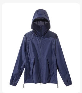 Detail of dark blue sun protection jacket with integrated face mask and hood