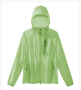 Detail view of lightweight light green sun protection jacket with chest zipper and hood