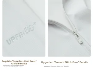 Detail of UPF 50+ sun protection jacket showing seamless heat-pressed smooth texture