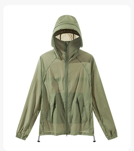 Detailed view of breathable nose vents on bean green sun protection jacket hood