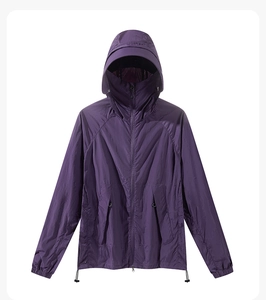 Detail of high collar hoodie and integrated face mask on purple sun protection jacket