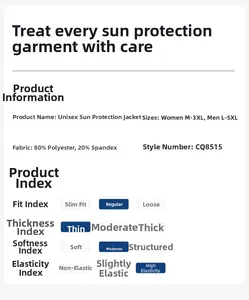 Size chart and fabric specs for ice silk sun protection jacket with 80% polyester