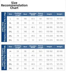 Detailed size guide table for UPF50+ sun protection ice silk shirts for men and women