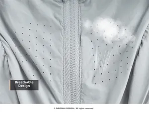 Detail of laser-cut ventilation holes on lightweight quick-dry sun protection jacket