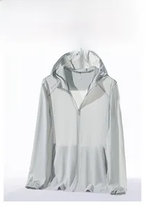 Close-up of light gray men's sun protection hoodie with UPF50+ logo and cuffed sleeves