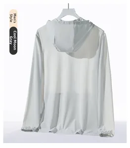 Detail of men's sun protection jacket in cold moon grey with hood and elastic cuffs