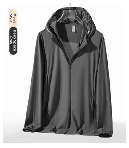 Detail of men's lightweight sun protection jacket in deep space gray with zip closure