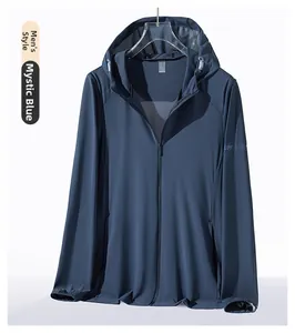 Close-up of men's dark blue sun protection jacket with UPF 50+ logo on the sleeve