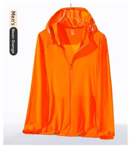 Detail of neon orange men's sun protection jacket with hood and full zipper closure