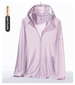 Detailed close-up of UPF 50+ label on purple women's sun protection jacket sleeve