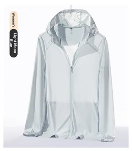 Macro shot of light blue UV jacket hood and UPF50+ logo on breathable ice silk fabric