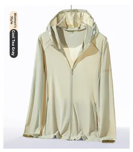 Detailed close-up of UPF 50+ ice silk sun jacket in cool tea gray with hood and zipper