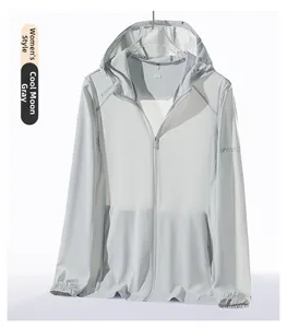 Detail of UPF50+ logo on gray ice silk sun protection jacket sleeve for women