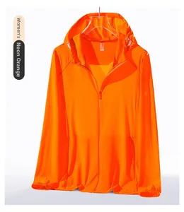 Detail of neon orange ice silk sun protection jacket with drawstring hood and zipper