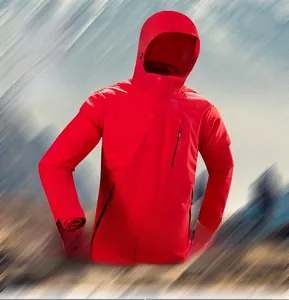 Waterproof outdoor jacket detail featuring hooded design and functional zipper pocket