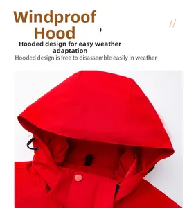 Detail of red windproof outdoor jacket featuring a hooded design and secure snap buttons