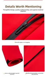 Close-up of waterproof black zipper, adjustable velcro cuffs and hidden jacket pockets