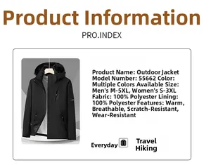 Detailed chart of waterproof outdoor jacket showing 100% polyester fabric and features
