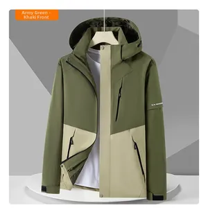 Front view of army green and khaki hooded outdoor hiking jacket with adjustable cuffs