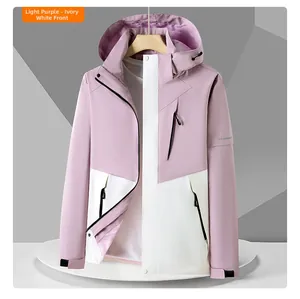 Front view of waterproof outdoor jacket in light purple and ivory white with zip pockets