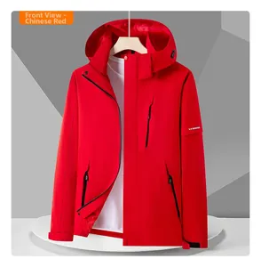 Close-up of bright red waterproof hiking jacket featuring zippered pockets and adjustable hood