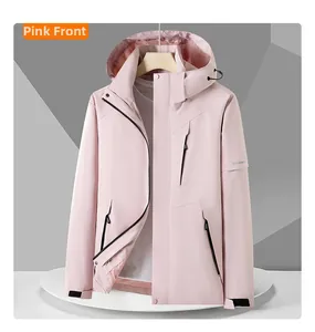 Close-up of pink hooded outdoor jacket with windproof collar and adjustable velcro cuffs