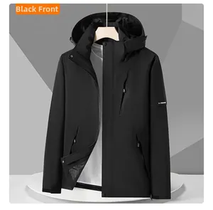 Front view of black hooded outdoor jacket with water-resistant fabric and zip pockets