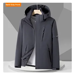 Front view of dark grey hooded outdoor jacket with chest pocket and velcro cuffs