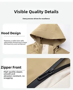 Close-up of the adjustable hooded neckline and smooth zipper of the waterproof jacket