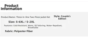 Detaillierte Größentabelle und technische Daten für die wasserdichte 3-in-1-Winterjacke