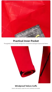 Detail of waterproof jacket featuring elastic velcro cuffs and internal security pocket