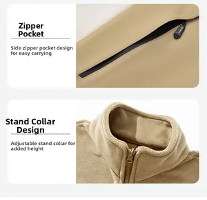 Detail of khaki 3-in-1 jacket showing zipper pockets and adjustable stand collar