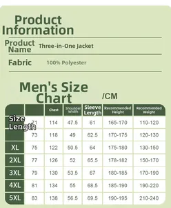 Size chart for 3-in-1 waterproof jacket with measurements from size M to 5XL
