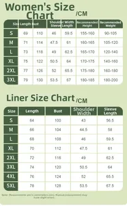 Size chart showing parameters for women's 3-in-1 waterproof jacket and inner liner layers