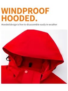 Waterproof red hooded windbreaker for outdoor hiking featuring adjustable drawstring and snaps